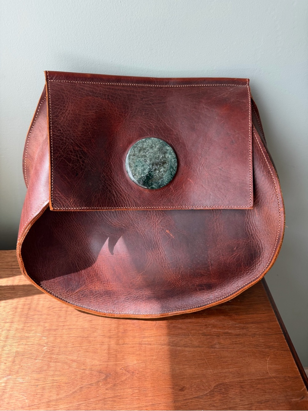 Handmade Leather Bag with Green Stone Accent